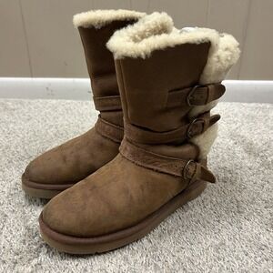 UGG Beckett Boots‎ Women's 6 Brown Leather Triple Buckle Shearling